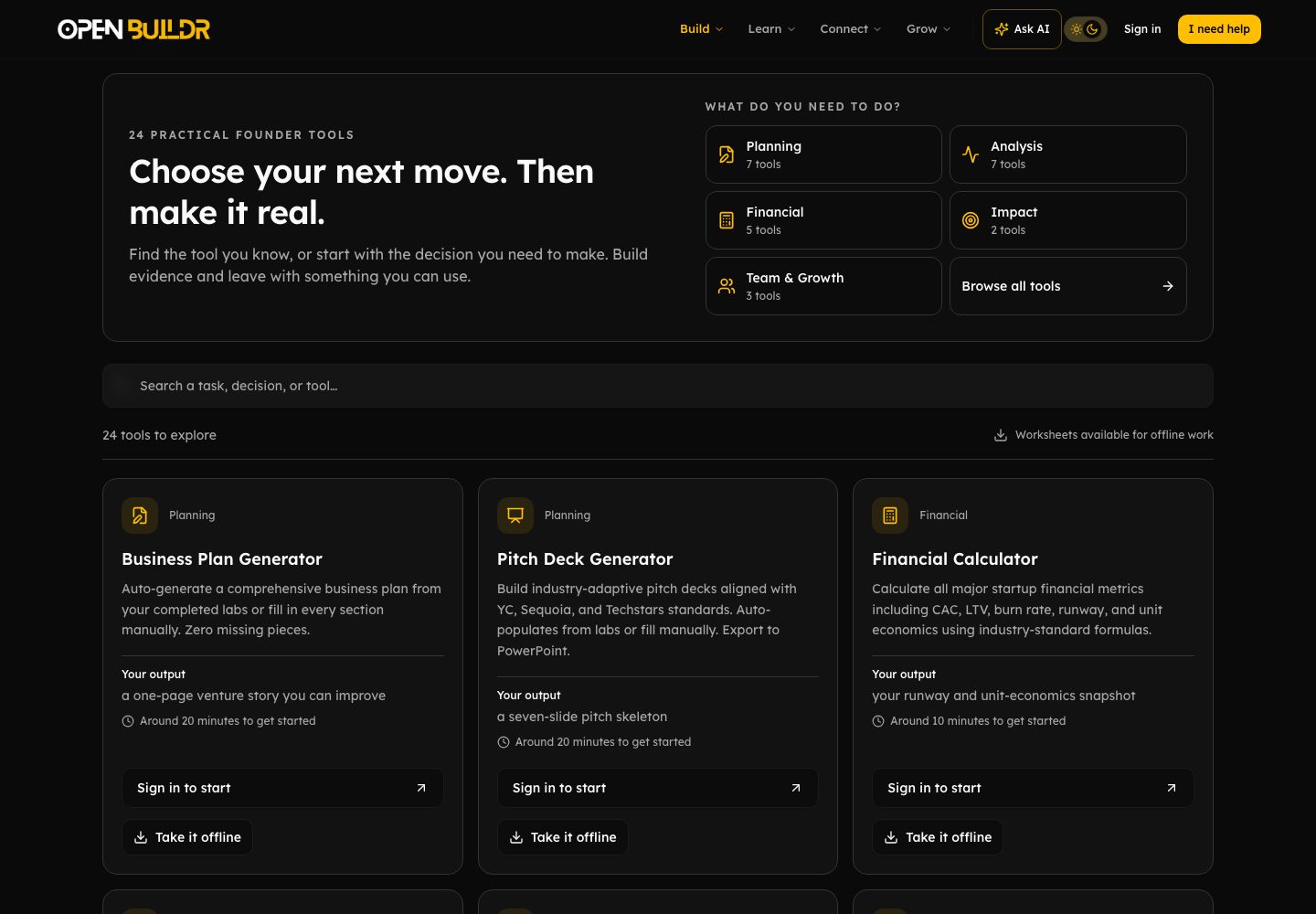 OpenBuilder tools catalogue with task categories and search